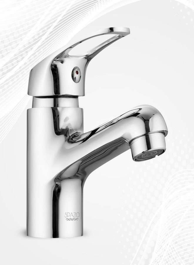 SPAZIO خلاط حوض سبازيو هيكسا النحاسي ذو ذراع واحد، صنبور خلاط للماء الساخن والبارد لحوض الغسيل المثبت على سطح الطاولة، للحمام، بجسم بارتفاع 6 بوصات وخرطوم مضفر بطول 18 بوصة، صنبور خلاط حوض مطلي بالكروم - Image 1